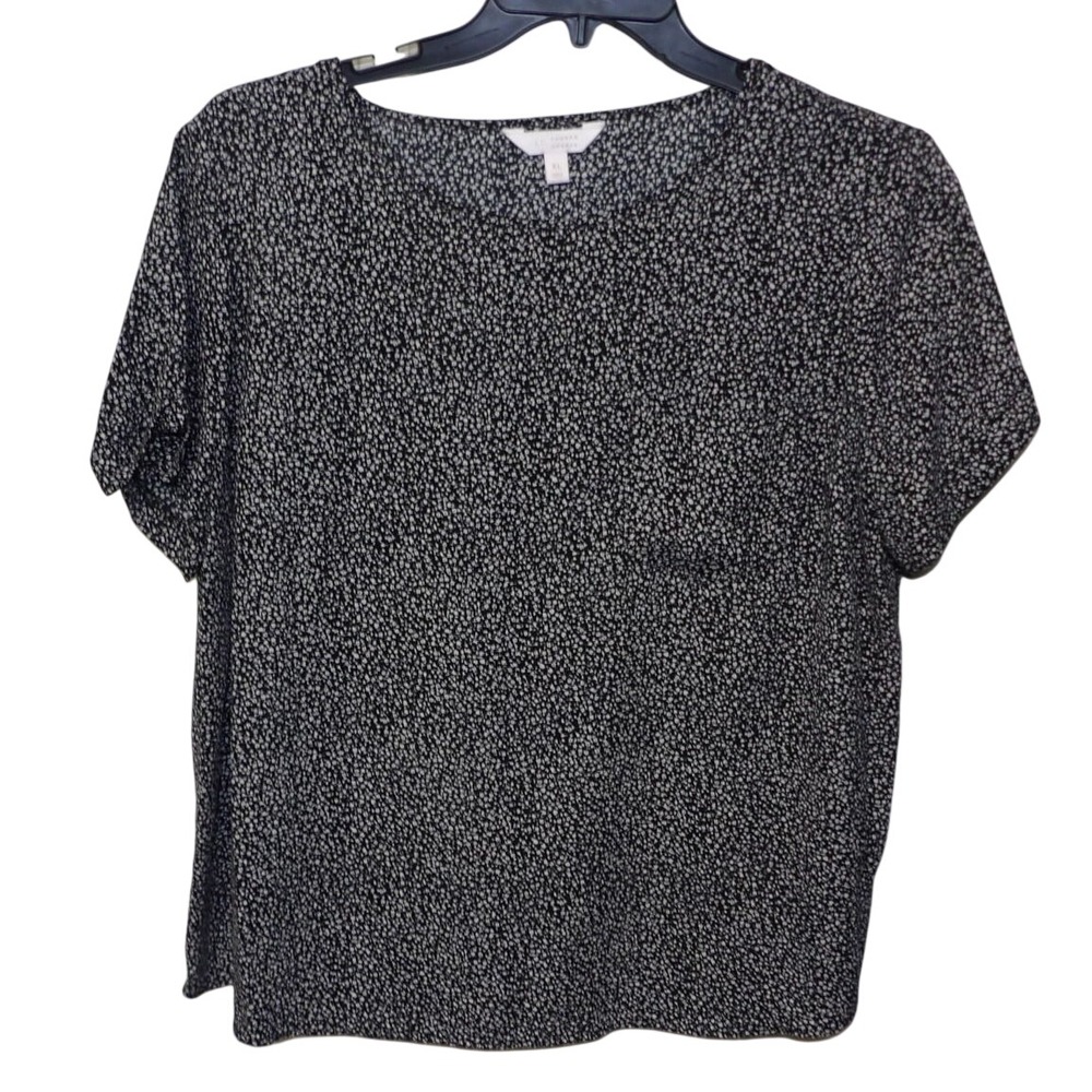 LC Lauren Conrad Womens XL Black White Micro Floral Short Sleeve Blouse Top